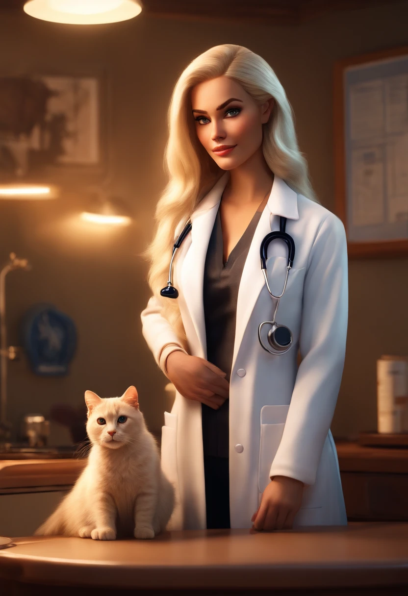 (best quality,realistic), blonde hair, long and flowing, sleek black hair, neck tattoos, white coat, veterinarian, doctor's office, surrounded by 4 cats, Pixar-style, vibrant colors, soft lighting