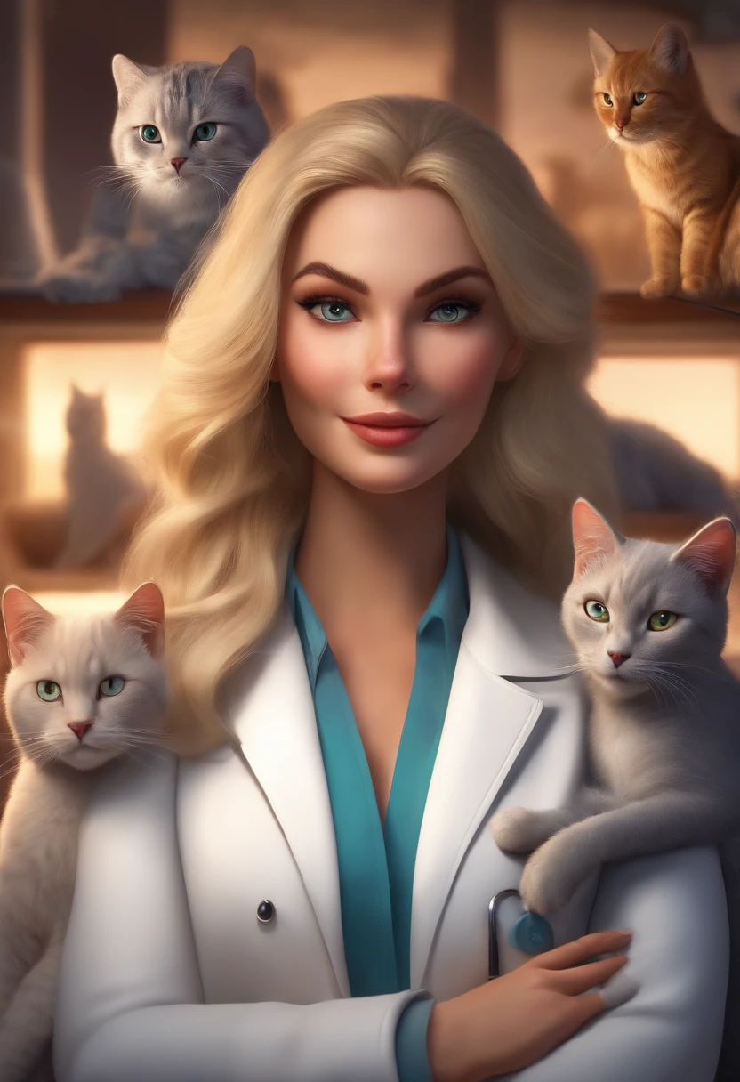 (best quality,realistic), blonde hair, long and flowing, sleek black hair, neck tattoos, white coat, veterinarian, doctor's office, surrounded by 4 cats, Pixar-style, vibrant colors, soft lighting