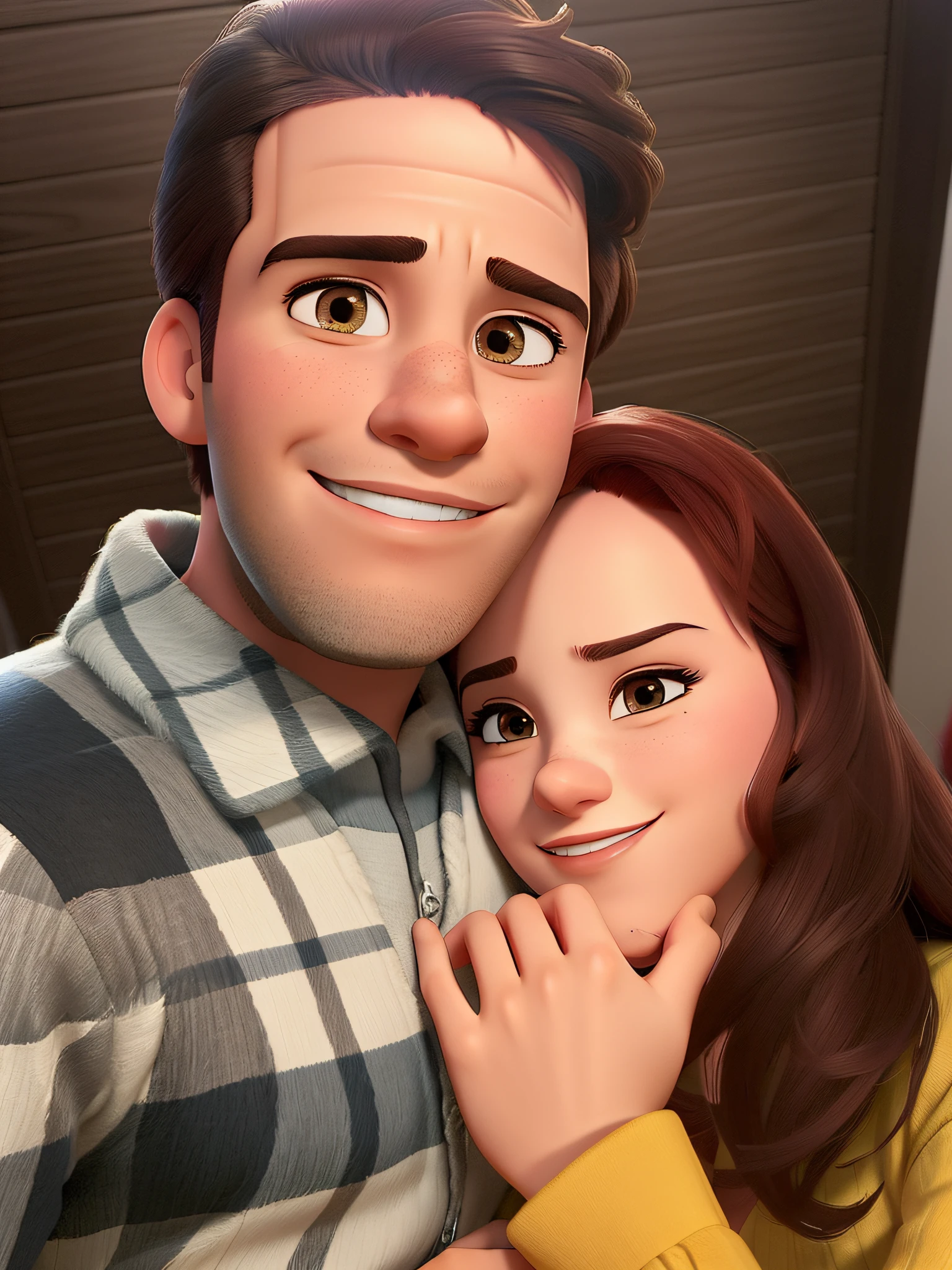 Casal (homem moreno e mulher branca) no estilo Disney Pixar, alta qualidade, melhor qualidade.
