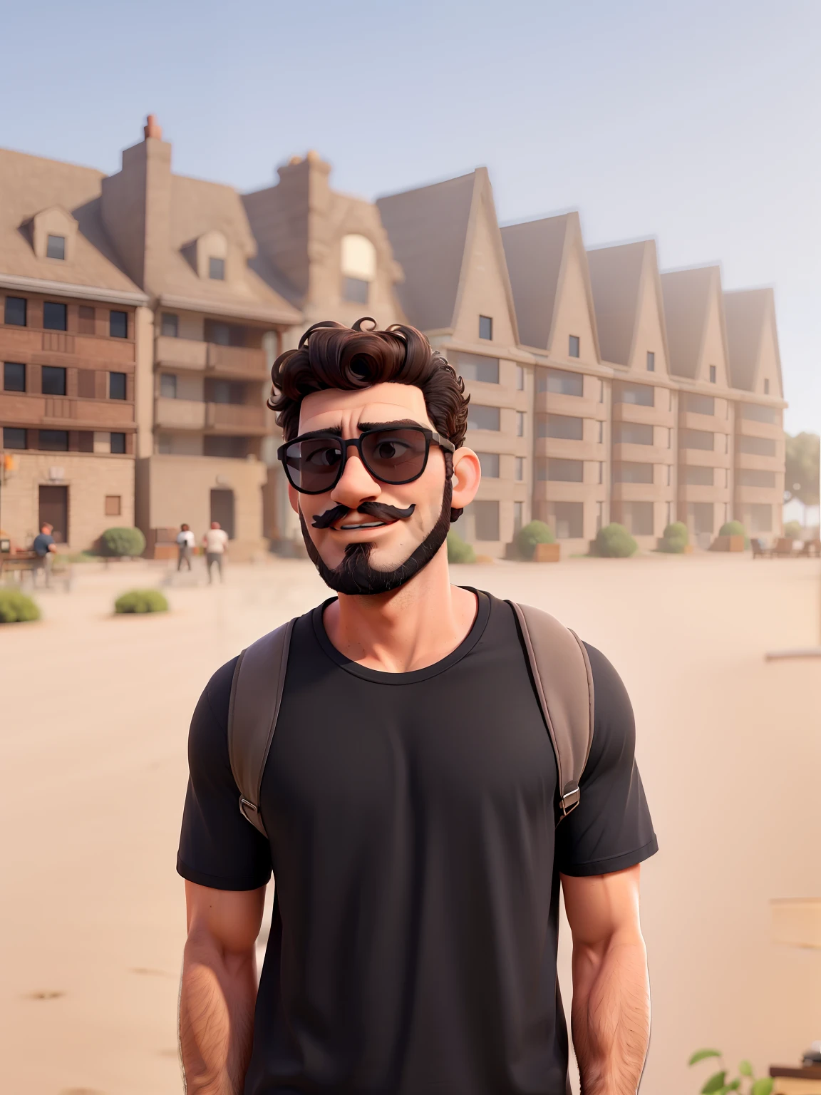 Handsome 30 year old man with sunglasses and beard with black t-shirt Strong man with curly hair and mustache