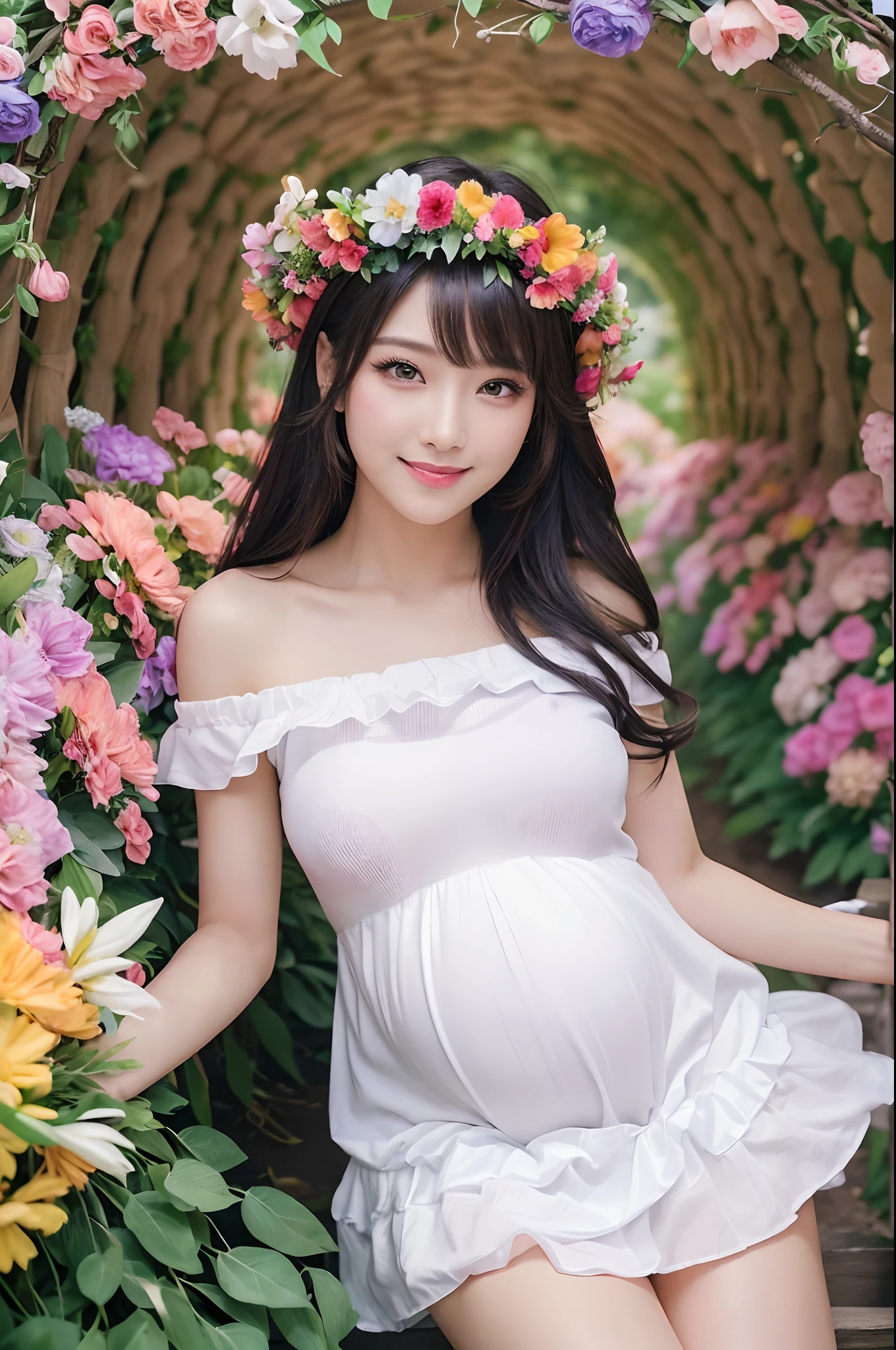 ((1 schoolgirl,Pregnant,photoRealstic,The most luxurious prom dresses,The finest giant tiara,wedding,Wedding in a flower garden,The most extravagant and luxurious prom dresses,large full breasts,Photograph the whole body,The biggest smile staring at the camera,Big smile,cleavage of the breast,Looks like a lot of fun,Very pleasant,Looks very happy,Looking at the camera)),((((Flower Arch,Flower Tunnel,a large amount of flowers,Surrounded by flowers,the flower crown,Flower Garden,Detailed flower garden,Filled with flowers,Tunnel full of flowers,Arch full of flowers,Everything is full of flowers,Fill with flowers without gaps,The whole thing is colorful,Everything is colorful,One of the largest flower gardens in the world,Complex Flower Tunnel,Intricate floral arches,Very bright flowers))))colourful hair、Perfect makeup,Vertical Painting、long eyeslashes、looking at the spectator、rainbow-colored hair, Top image quality, Top image quality, masterpiece, 独奏, depth of fields, a gorgeous,length hair, the wind, (((masterpiece)))、(((top-quality)))、((ultra-detailliert))、((beautifull detailed face))、colourful hair、((striated hair))、beatiful detailed eyes、((((a high chroma))))