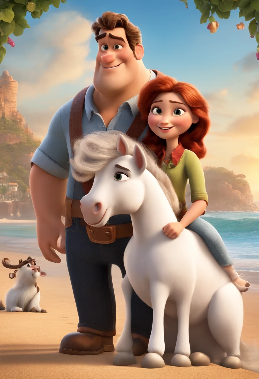 a Disney Pixar movie poster showing a white-skinned family. The father is the tallest, Tem barba curta, loiro, cabelos curtos e espinhosos. The mother has brown eyes and hair, shoulder-length and is slightly overweight. A tem 4 anos e cabelos castanhos, roupa rosa e rabos de cavalo. The background is a beach garden. 3D-rendering