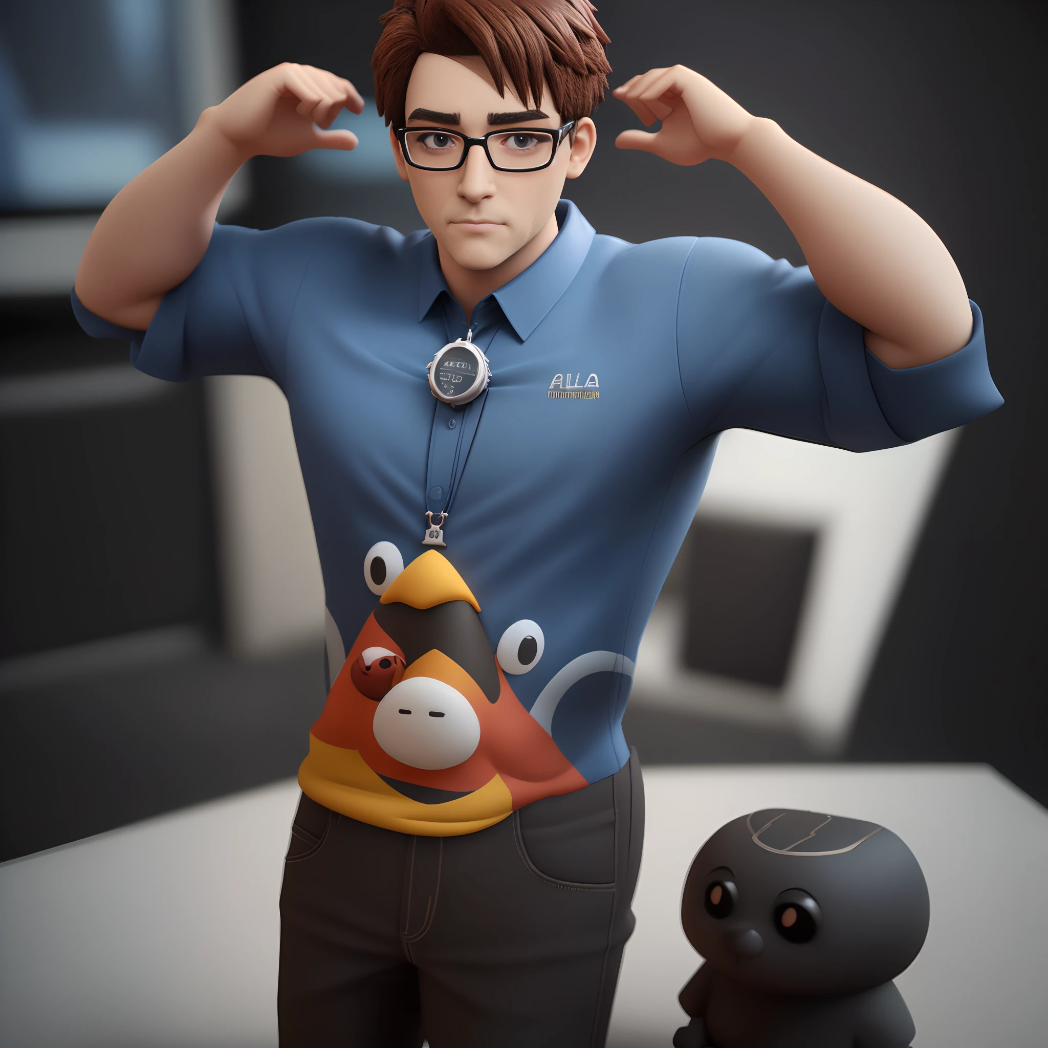 Cartoon character of a man wearing black glasses and a blue shirt, um personagem animado, Caractere estilizado, animation style rendering, 3D estilizado, Arnold Maya render, 3 d render stylized, toon render keyshot, Personagem 3D, Personagem 3D, 3d rendering stylized, 3 d character render, personagem de desenho animado, Personagem de close up, Pose de personagem, (Estilo Pixar) (master part:1.2) (Bokeh) (best quality) (pele detalhada) (textura detalhada) (8k) (argila) (Cinematic lighting) (foco nítido，Senta e vaza a parte superior do corpo