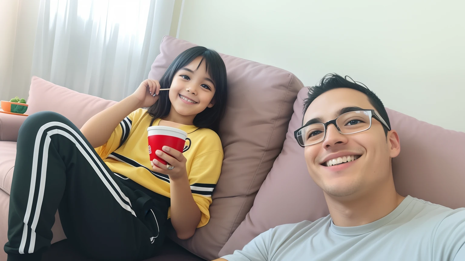 They're sitting on a couch with a cup of coffee, comer batatas fritas e assistir TV, com verruga, with a , relaxing and smiling at camera, relaxing after a hard day, Fazer um lanche, foto do snapchat, com ela longa, comer queijo, foto selfie, Em casa, cabrito, Tomado com Sony Alpha 9, 🌻🎹🎼, eating noodles
