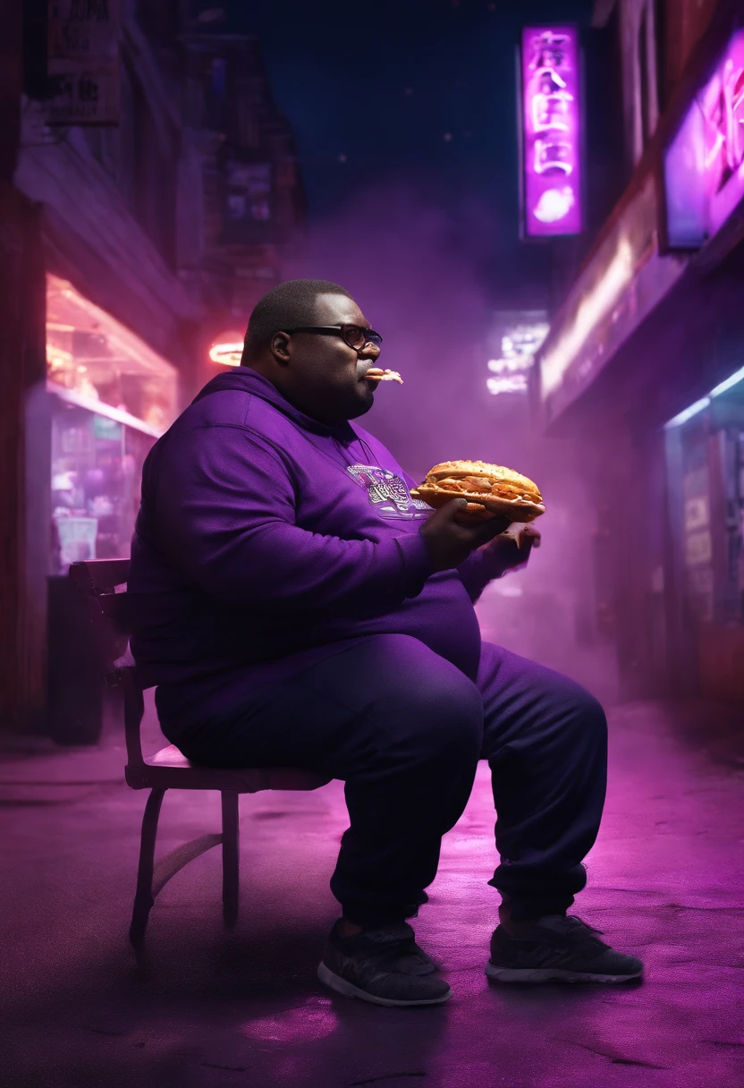 black fat man eating kfc in the night with a purple light