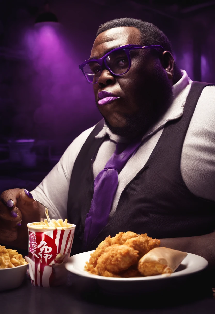 black fat man eating kfc in the night with a purple light