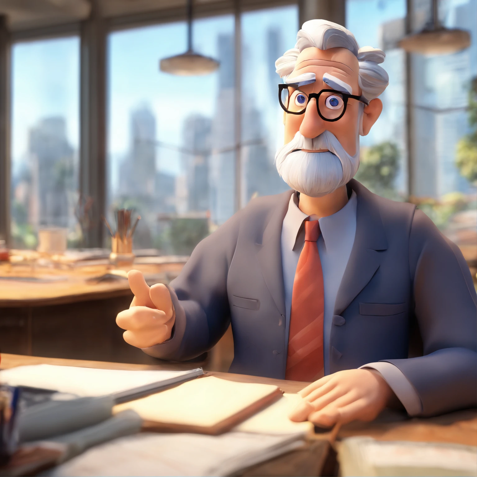 Crie um cartaz inspirado na Disney Pixar com o personagem sendo o pastor Rubens Janier, A gray-haired man wearing glasses, in an office with a Bible on the table