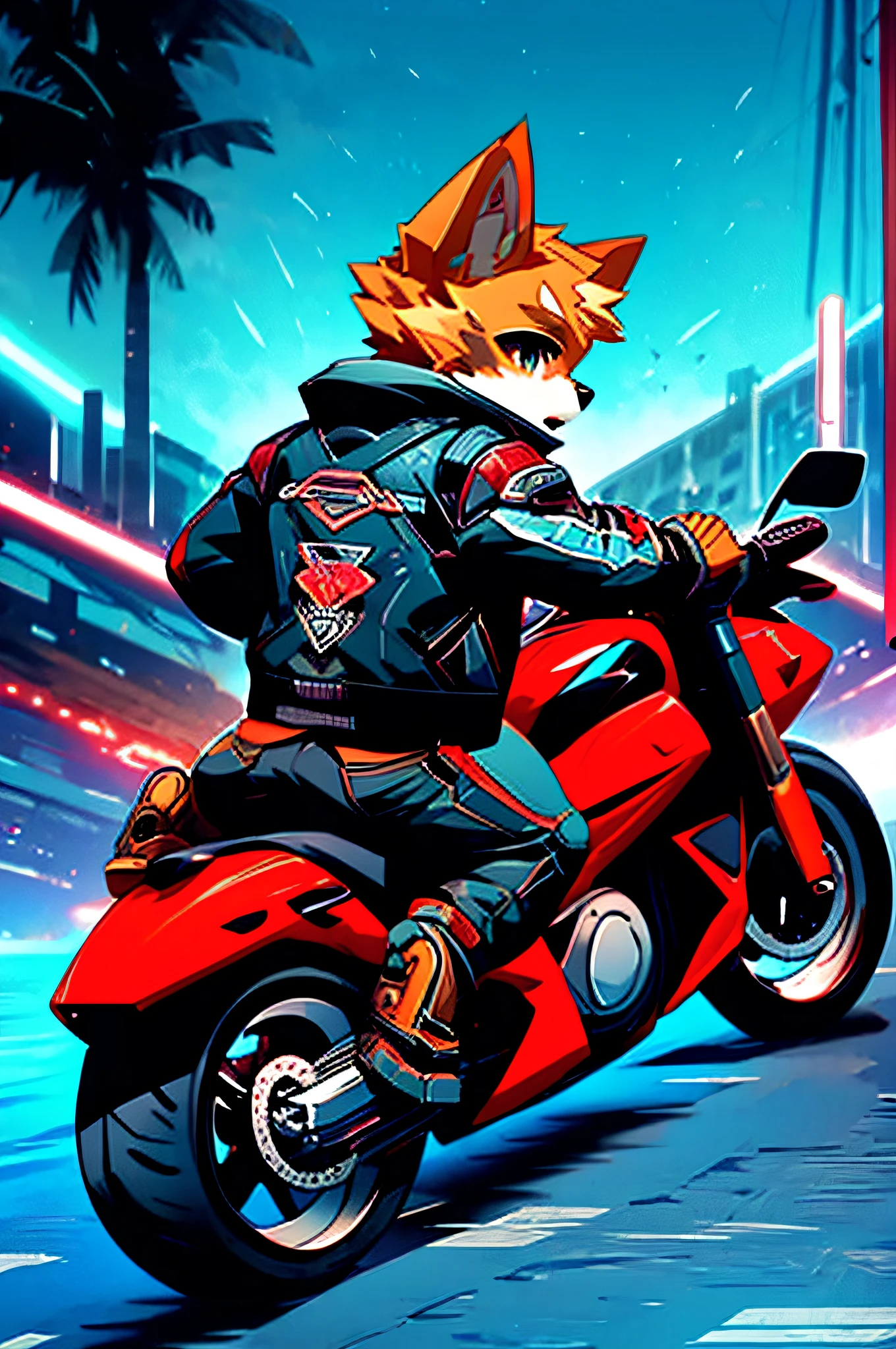 (Man riding a big motorcycle)comic strip、anthropomorphic dog、cyberpunked