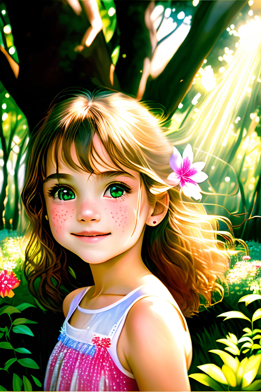 (best quality,highres),(realistic:1.37),A young girl wearing singlet,beautiful detailed eyes,beautiful detailed lips,flowing hair,smiling face,lovely appearance,healthy skin,soft and smooth skin,graceful posture,crouching in a vibrant garden,green grass,fresh flowers blooming,colorful butterflies flying around,tall trees providing shade,a gentle breeze rustling leaves,natural sunlight shining through the branches,light and shadows playing on the girl's face and body,crisp and bright colors,soft and warm color tones,harmonious and peaceful atmosphere,sexually explicit