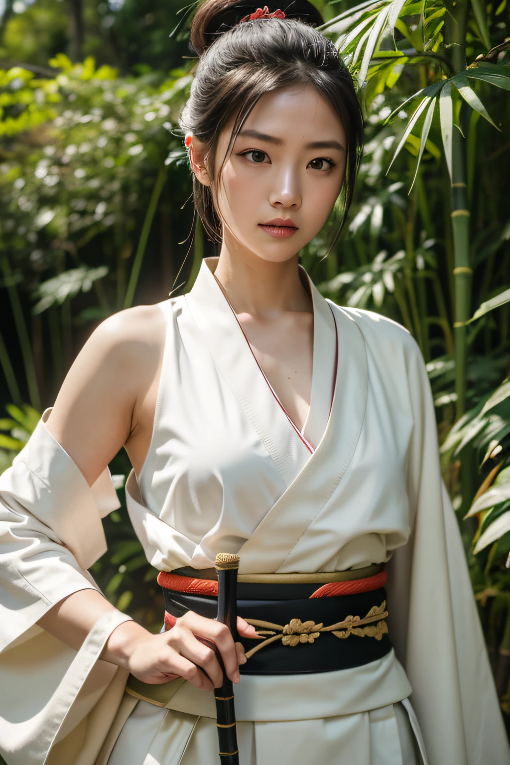 Raw photo of one female samurai, Stand in a combat stance, With a sword pulled out of the sheath in her hand, Ready for Battle, In full samurai attire (Kimono) (Bamboo forest wind), (The wind lifted the leaves), Cut on her shoulder ( high skin detail: 1.2), 8K UHD, SLR camera, Soft lighting, High quality, Film grain, FUJI XT3