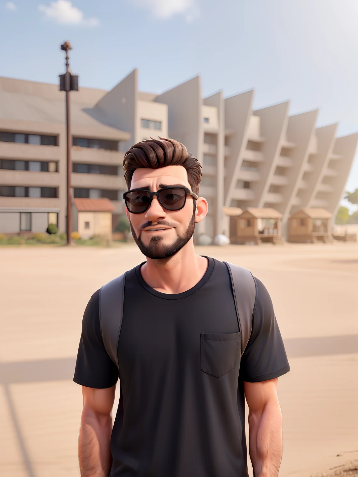 Handsome 30 year old man with sunglasses and beard with black t-shirt strong man