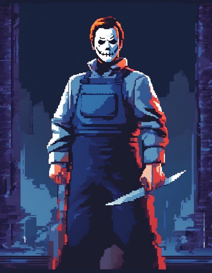 (best quality,realistic:1.37),pixelated image,Micheal Myers,iconic,blue overalls,white mask,knife blade,highlighting,focusing on Michael Myers,character,standing,sinister pose,dark background,tense atmosphere,horror theme,retro aesthetic,low resolution pixel art,sharp edges,colorful pixels,stylized details,cartoonish,evil presence,menacing expression,striking contrast between blue and white,vivid colors,ominous lighting,Halloween inspiration