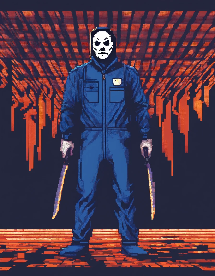 (best quality,realistic:1.37),pixelated image,Micheal Myers,iconic,blue overalls,white mask,knife blade,highlighting,focusing on Michael Myers,character,standing,sinister pose,dark background,tense atmosphere,horror theme,retro aesthetic,low resolution pixel art,sharp edges,colorful pixels,stylized details,cartoonish,evil presence,menacing expression,striking contrast between blue and white,vivid colors,ominous lighting,Halloween inspiration