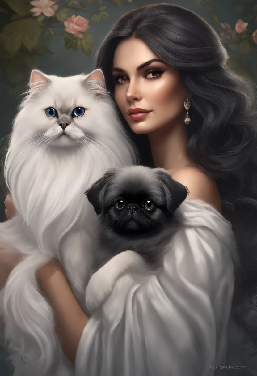 Mulher branca estilo anime, 40 anos cabelos loiros pelo ombro, vestindo um jaleco branco, with a black Pekingese dog and a gray Persian cat on the side