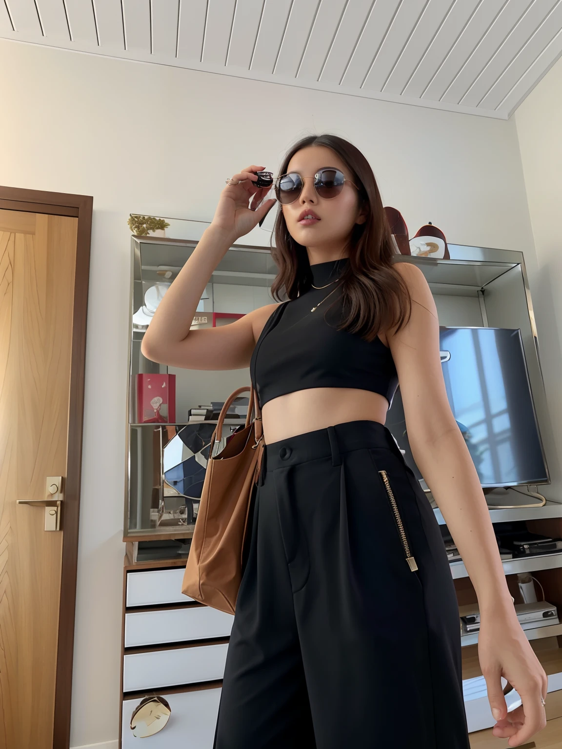 There is a woman who is standing in a room with a bag, with sun glasses, with sunglasses, wearing mirrored sunglasses, usando uma regata cropped preta, usando um top cropped sexy, usando uma regata preta cropped, foto da roupa,