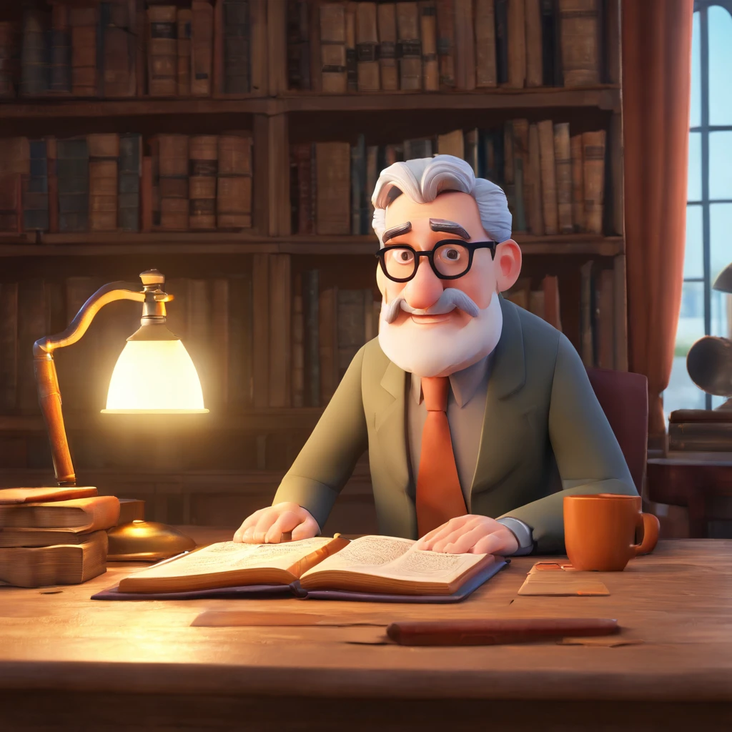 Crie um cartaz inspirado na Disney Pixar com o personagem sendo o pastor Rubens Janier, A gray-haired man wearing glasses, in an office with a Bible on the table