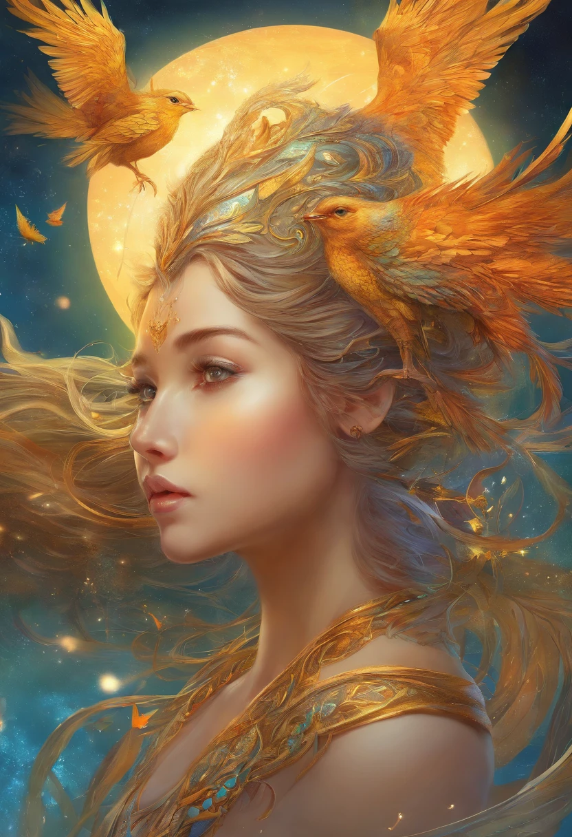realistic, (masterpiece, top quality, best quality, official art, beautiful and aesthetic:1.2), extremely detailed,fractal art,colorful,highest detailed,zentangle,(abstract background:1.3)
(1boy:1.3), (golden birds),
silver hair, bright eyes,hair slicked back, short hair, black robe,