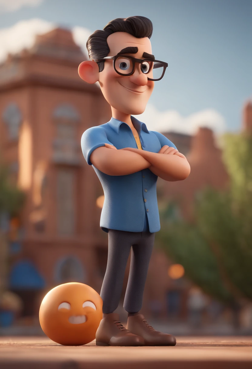 Cartoon character of a man with black glasses and a blue shirt, animation character, Caractere estilizado, animation style rendering, 3D estilizado, Arnold Maya render, 3 d render stylized, toon render keyshot, Personagem 3D, Personagem 3D, 3d rendering stylized, 3 d character render, personagem de desenho animado, Personagem de close up, Pose de personagem, (Estilo Pixar) (master part:1.2) (Bokeh) (best quality) (pele detalhada) (textura detalhada) (8k) (argila) (Cinematic lighting) (foco nítido