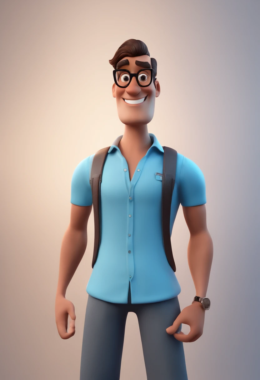 Cartoon character of a man with black glasses and a blue shirt, animation character, Caractere estilizado, animation style rendering, 3D estilizado, Arnold Maya render, 3 d render stylized, toon render keyshot, Personagem 3D, Personagem 3D, 3d rendering stylized, 3 d character render, personagem de desenho animado, Personagem de close up, Pose de personagem, (Estilo Pixar) (master part:1.2) (Bokeh) (best quality) (pele detalhada) (textura detalhada) (8k) (argila) (Cinematic lighting) (foco nítido