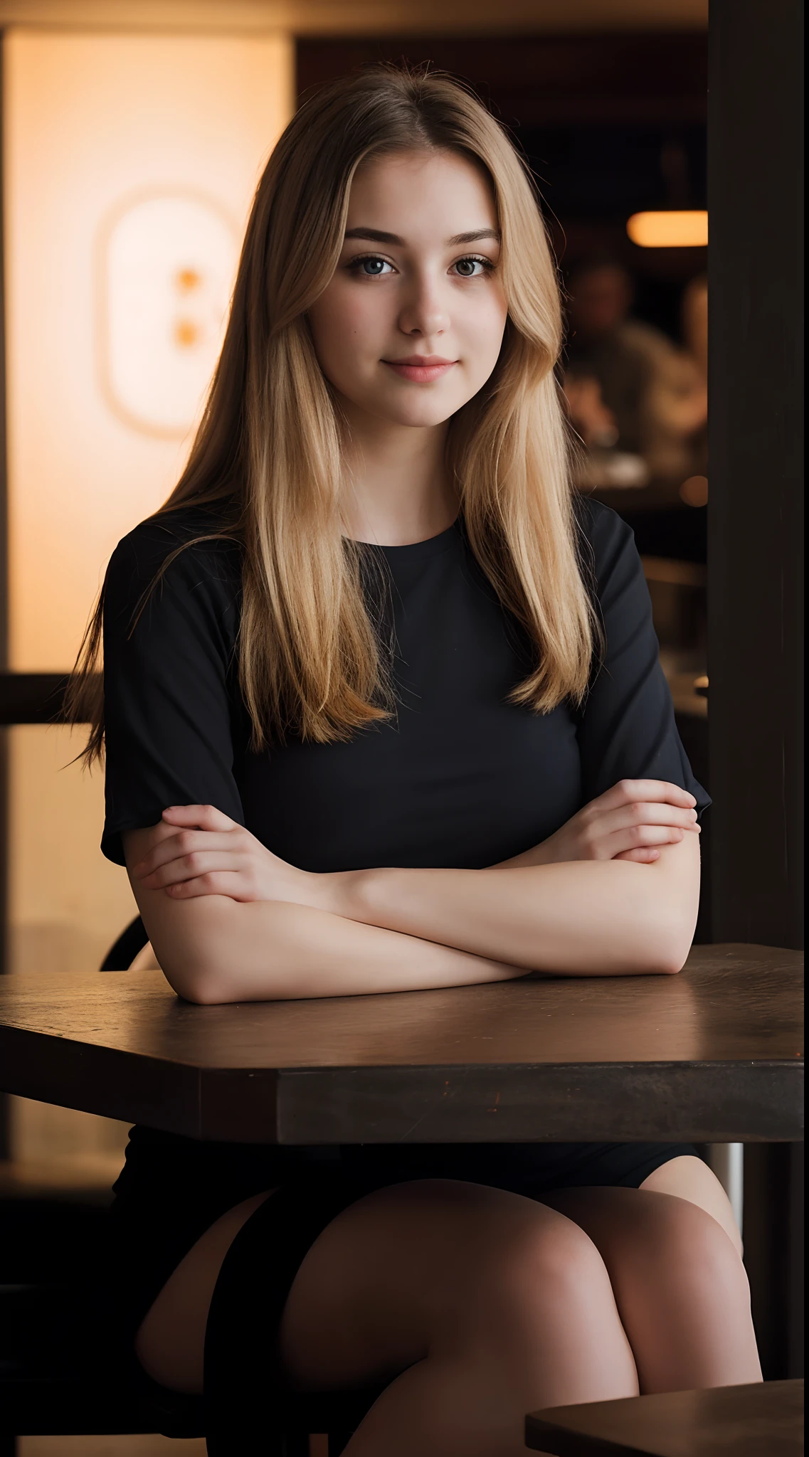 a cute blonde woman,dark theme,((dominant girl)),restaurant,illustration,ultra-detailed,realistic,highres,masterpiece:1.2,professional,portrait,dark color tones,soft lighting, full body.