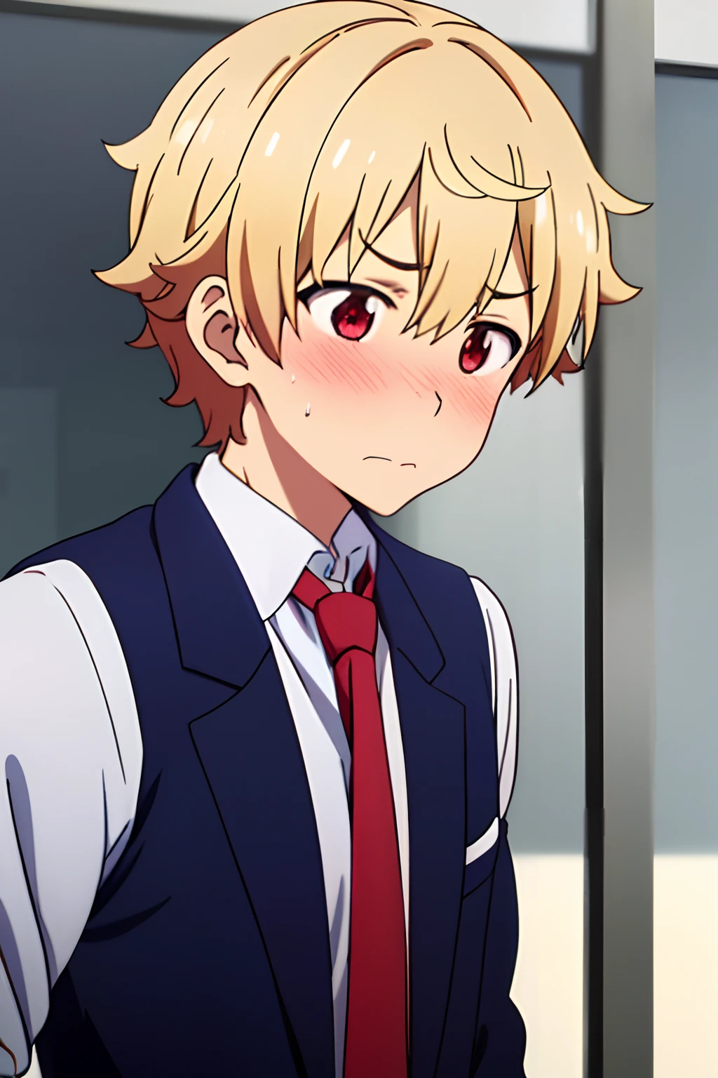 masterpiece, best quality, high quality, 1boy, solo, male focus, looking at right, upper body, subaru_uchimaki, blonde hair, red eyes, formal, necktie, Blushing, shy face