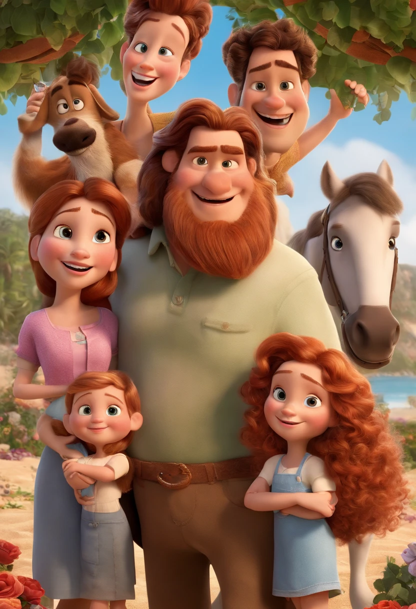 a Disney Pixar movie poster showing a white-skinned family. The father is the tallest, Tem barba curta, loiro, cabelos curtos e espinhosos. The mother has brown eyes and hair, shoulder-length and is slightly overweight. A menina tem 4 anos e cabelos castanhos, roupa rosa e rabos de cavalo. The background is a beach garden. 3D-rendering