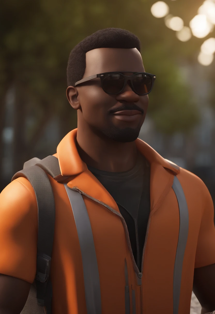 Cartoon character of a black man wearing black sunglasses and an orange t-shirt, um personagem animado, com roupas de trekking e mochila nas costas, Caractere estilizado, animation style rendering, 3D estilizado, Arnold Maya render, 3 d render stylized, toon render keyshot, Personagem 3D, Personagem 3D, 3d rendering stylized, 3 d character render, personagem de desenho animado, Personagem de close up, Pose de personagem, (Estilo Pixar) (master part:1.2) (Bokeh) (best quality) (pele detalhada) (textura detalhada) (8k) (argila) (Cinematic lighting) (foco nítido，Senta e vaza a parte superior do corpo
