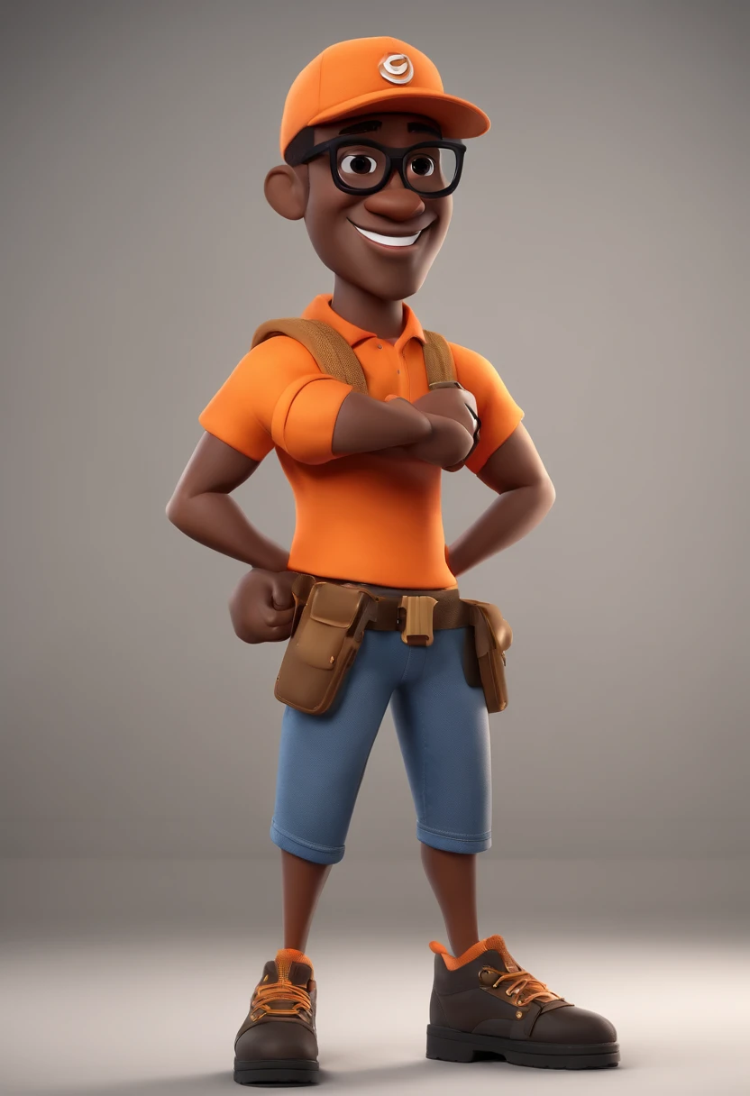Cartoon character of a black man wearing black sunglasses and an orange t-shirt, um personagem animado, com roupas de trekking e mochila nas costas, Caractere estilizado, animation style rendering, 3D estilizado, Arnold Maya render, 3 d render stylized, toon render keyshot, Personagem 3D, Personagem 3D, 3d rendering stylized, 3 d character render, personagem de desenho animado, Personagem de close up, Pose de personagem, (Estilo Pixar) (master part:1.2) (Bokeh) (best quality) (pele detalhada) (textura detalhada) (8k) (argila) (Cinematic lighting) (foco nítido，Senta e vaza a parte superior do corpo
