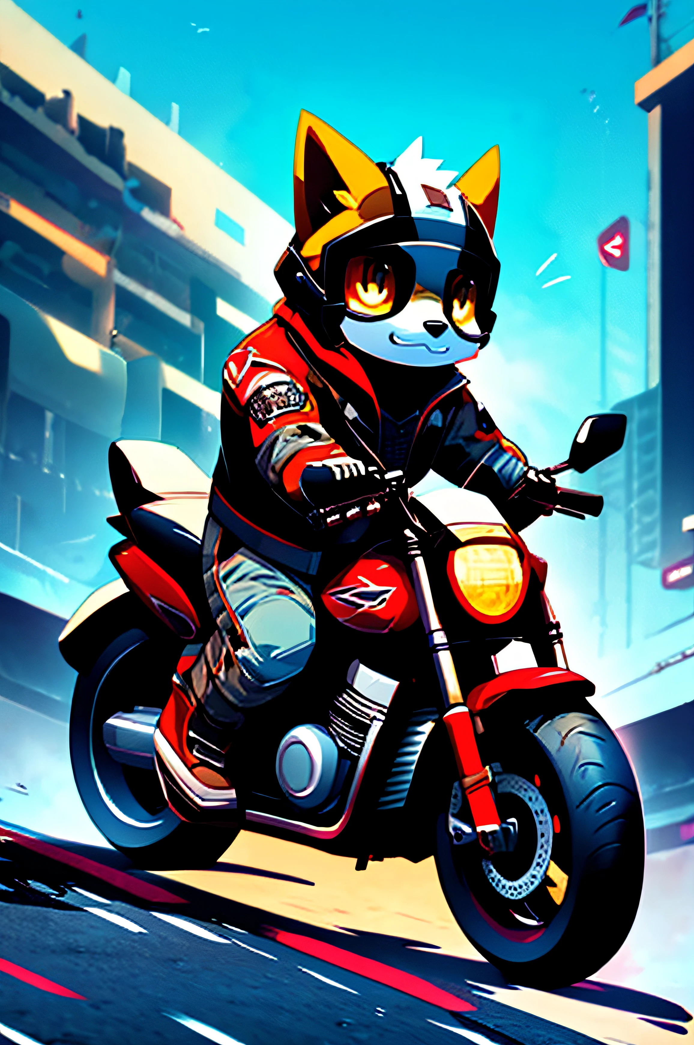 (Man riding a big motorcycle)comic strip、anthropomorphic  dog、cyberpunked