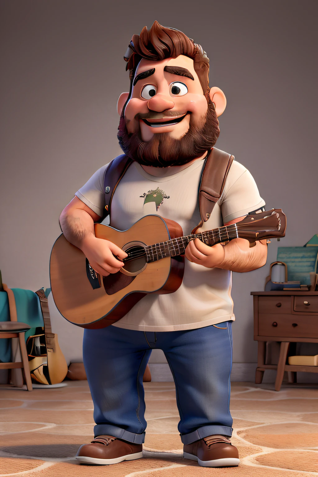 Um homem meio barbudo, e um pouco gordo, playing the guitar, dentro de uma igreja, vestindo roupas formais
