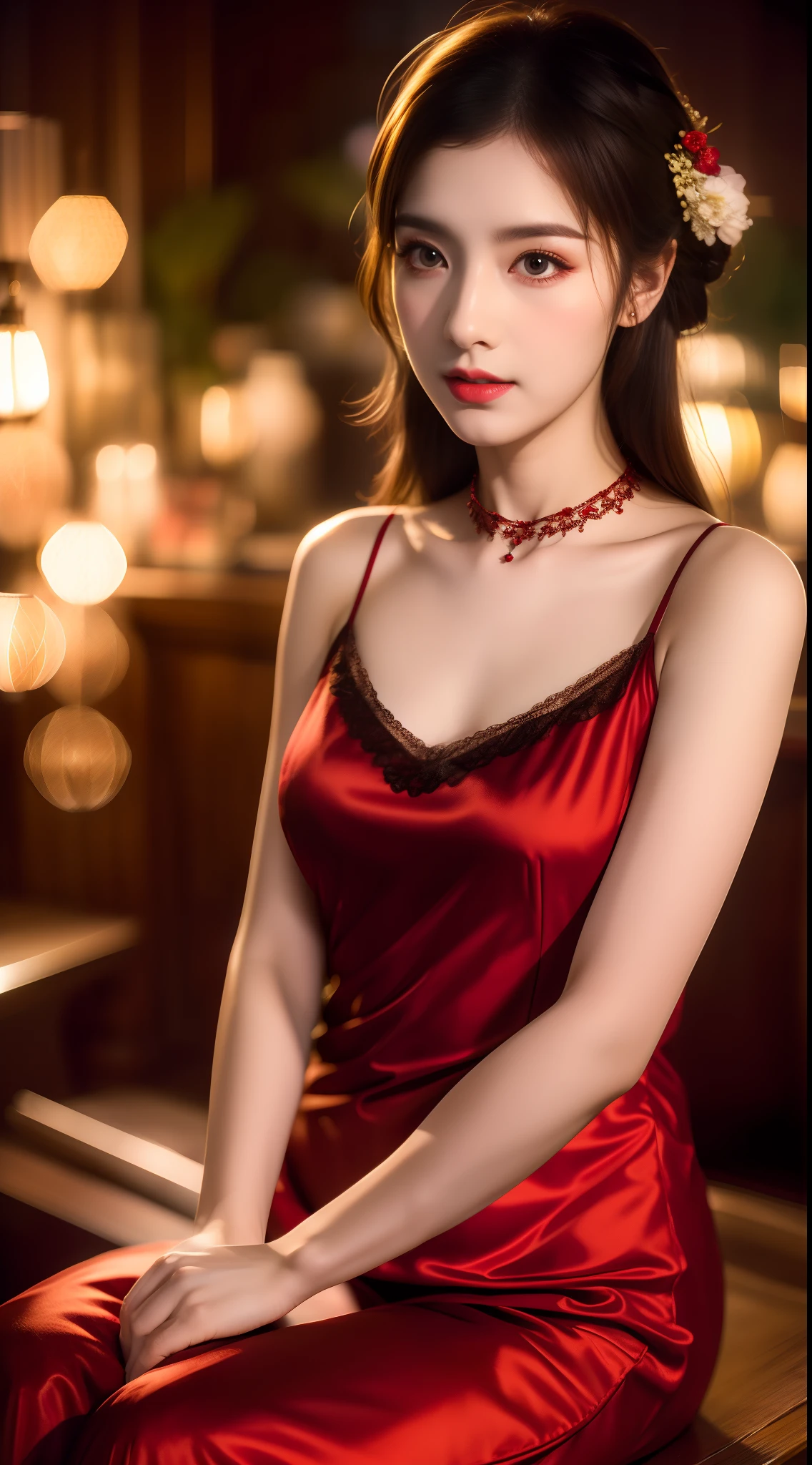 best qualtiy,tmasterpiece,A high resolution,1girl,Floral antique nightdress,Antique nightdress,Tulle nightdress,hair adornments,choker necklace,jewely,beautiful face,Flaming red lips,Physically,dingdall effect,realisticlying,dark studio,edge lit,twotonelighting,(highdetailskin:1.2),8k uhd, dslr, softlighting, high high quality, volumettic light, sneak shot, photore, A high resolution, 4k, 8k, Background bokeh