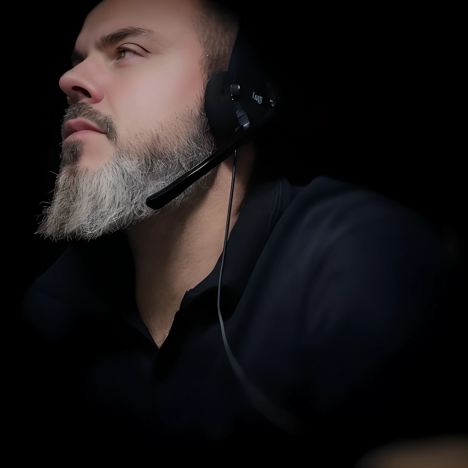 Homem com barba usando fone de ouvido e microfone, Streamer do Twitch / Jogador Ludwig, looking to the side off camera, Retrato de Chiaroscuro, marco bucci, emanuele dascanio, Absorto em pensamentos, Greg Rutkowski UHD 8K, 8k portrait render, Retrato tirado 8 K, Capturado na Canon EOS R 6