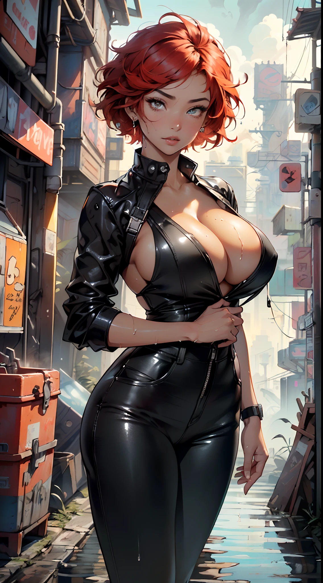 mechanical girl,(1girl:1.3),((1 black girl with extremely cute and beautiful red hair)),((((black race)))),
(big breasts: 1.4),sagging breasts,(((short red hair: 1.35,cropped,redhead,very short hair))),((heterochromia:1.5, (orange_eye and red_eye))),intricate eyes,beautiful detailed eyes,symmetrical eyes,(fat),((((tan,dark skin,black skin:1.35,dark-skinned_female,dark skin:1.3,ebony skin,lustrous skin:1.5,bright skin: 1.5,shiny skin,very shiny skin,shiny body,illuminated skin,wet legs)))),(spider lower abdomen,narrow waist,wide hip ,athletic body,inflated legs,detailed body,(detailed face)),((muscle legs)),((muscular thighs)),((muscular girl)),((strong and muscular,bodybuilder,strong body,muscular,feminine and muscular)),((ABS)),(huge stature,tall stature,very tall girl),
cute,slutty,sensual,seductive look,seductive,erotic,((nsfw)),
(fitted overalls:1.3,suit unbuttoned),((mechanical tools on his clothing,cyberpunk clothes)),(((huge cleavage))),((wet clothes,intricate outfit,intricate clothes)),
(dynamic pose:1.0),embarrassed,(centered,scale to fit dimensions,Rule of thirds),
cyberpunk city by the ocean at night, with bright neon signs and dark stormy clouds and puddles, scenery:1.25,
artistic photography,(photography taken by sldr),highres, sharp focus, (ultra detailed, extremely detailed), (photorealistic artwork:1.37),(extremely detailed CG unity 8k wallpaper),((synthwave background theme)),(((vibrant colors))),(intricate background),(masterpiece),(best quality),