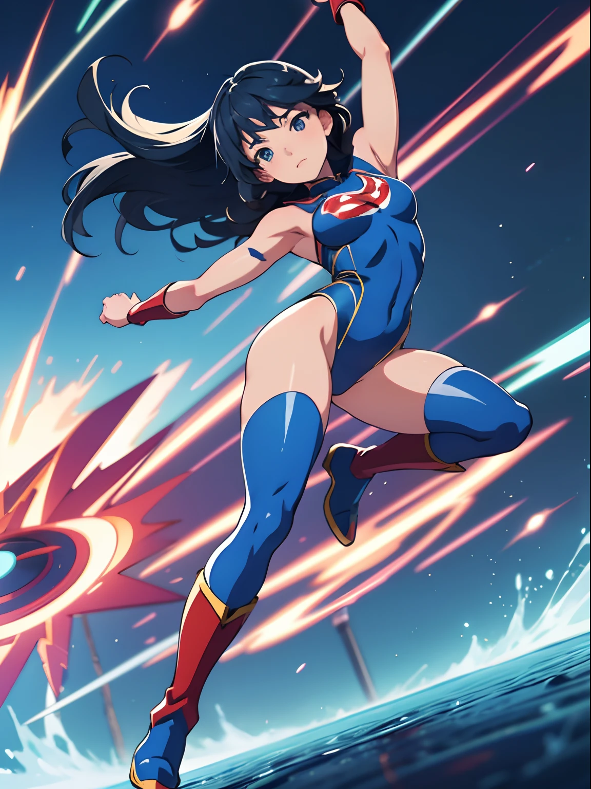 anime girl in a blue leotard spinning like a cyclone, superhero, bare legs, boots, female anime hero, spinning while standing, raised arms, Rapid Gyration