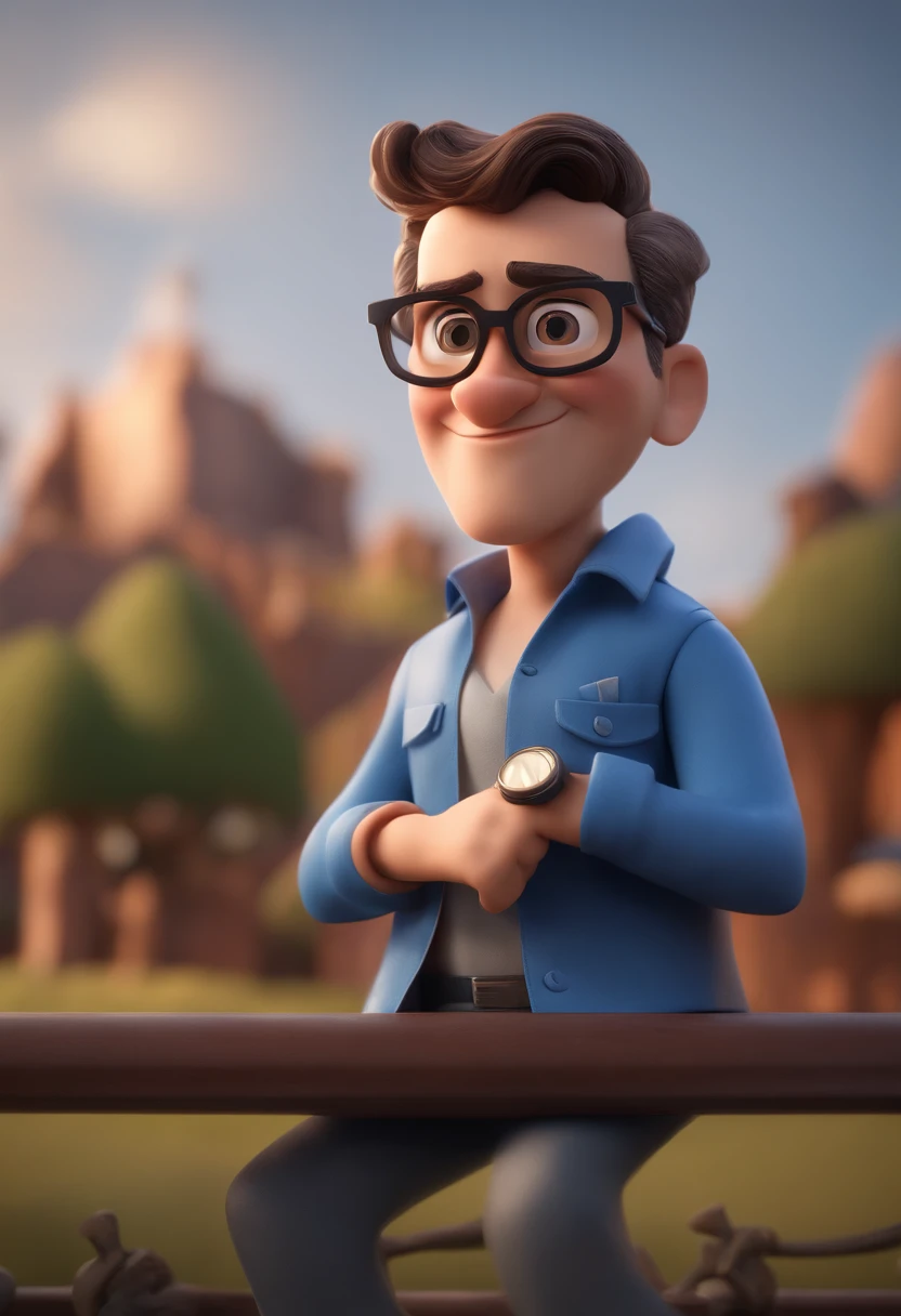 Cartoon character of a man with black glasses and a blue shirt, animation character, Caractere estilizado, animation style rendering, 3D estilizado, Arnold Maya render, 3 d render stylized, toon render keyshot, Personagem 3D, Personagem 3D, 3d rendering stylized, 3 d character render, personagem de desenho animado, Personagem de close up, Pose de personagem, (Estilo Pixar) (master part:1.2) (Bokeh) (best quality) (pele detalhada) (textura detalhada) (8k) (argila) (Cinematic lighting) (foco nítido