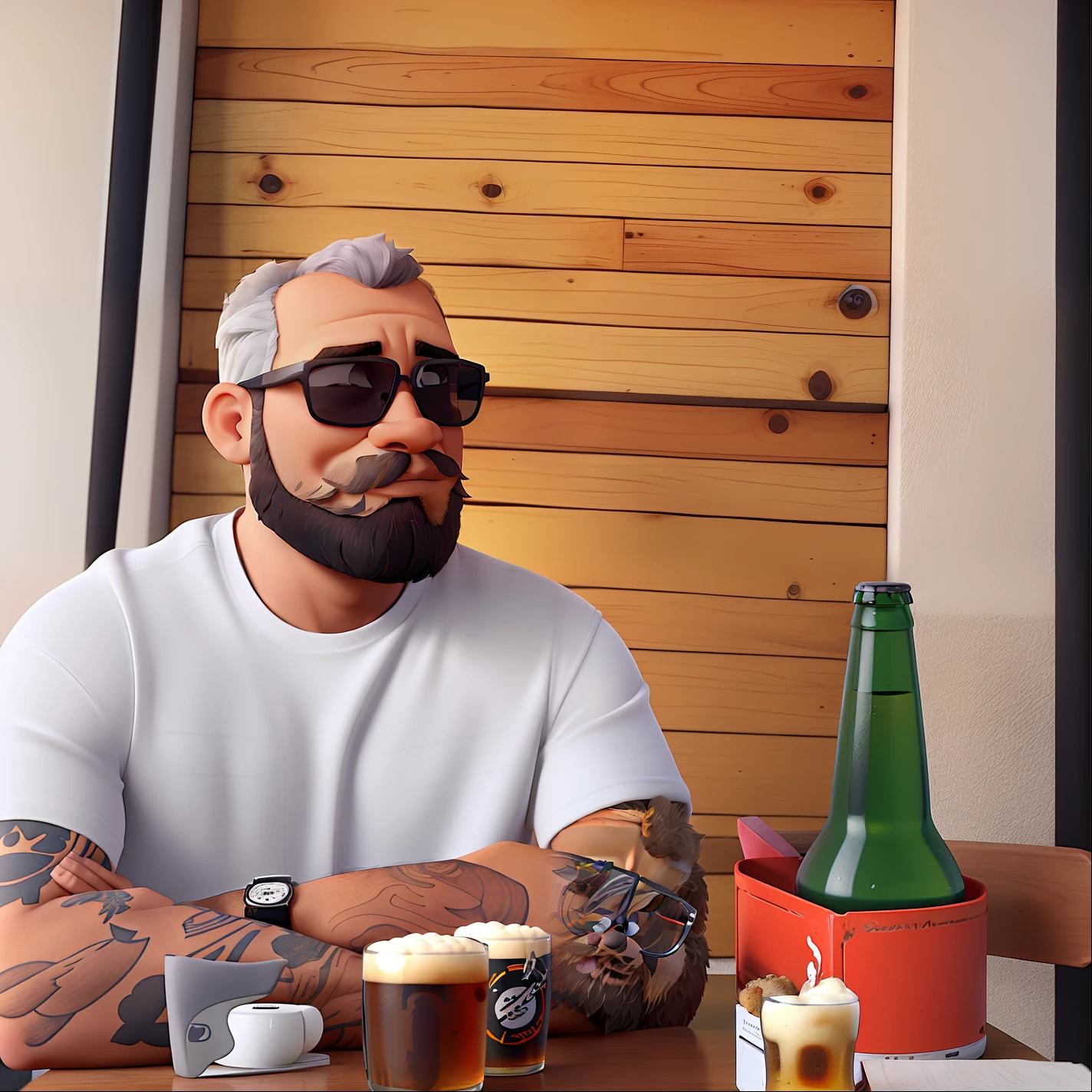 Um homem careca, Grizzly in sunglasses, Short beard in white clock t-shirt on a table with a beer in a bar