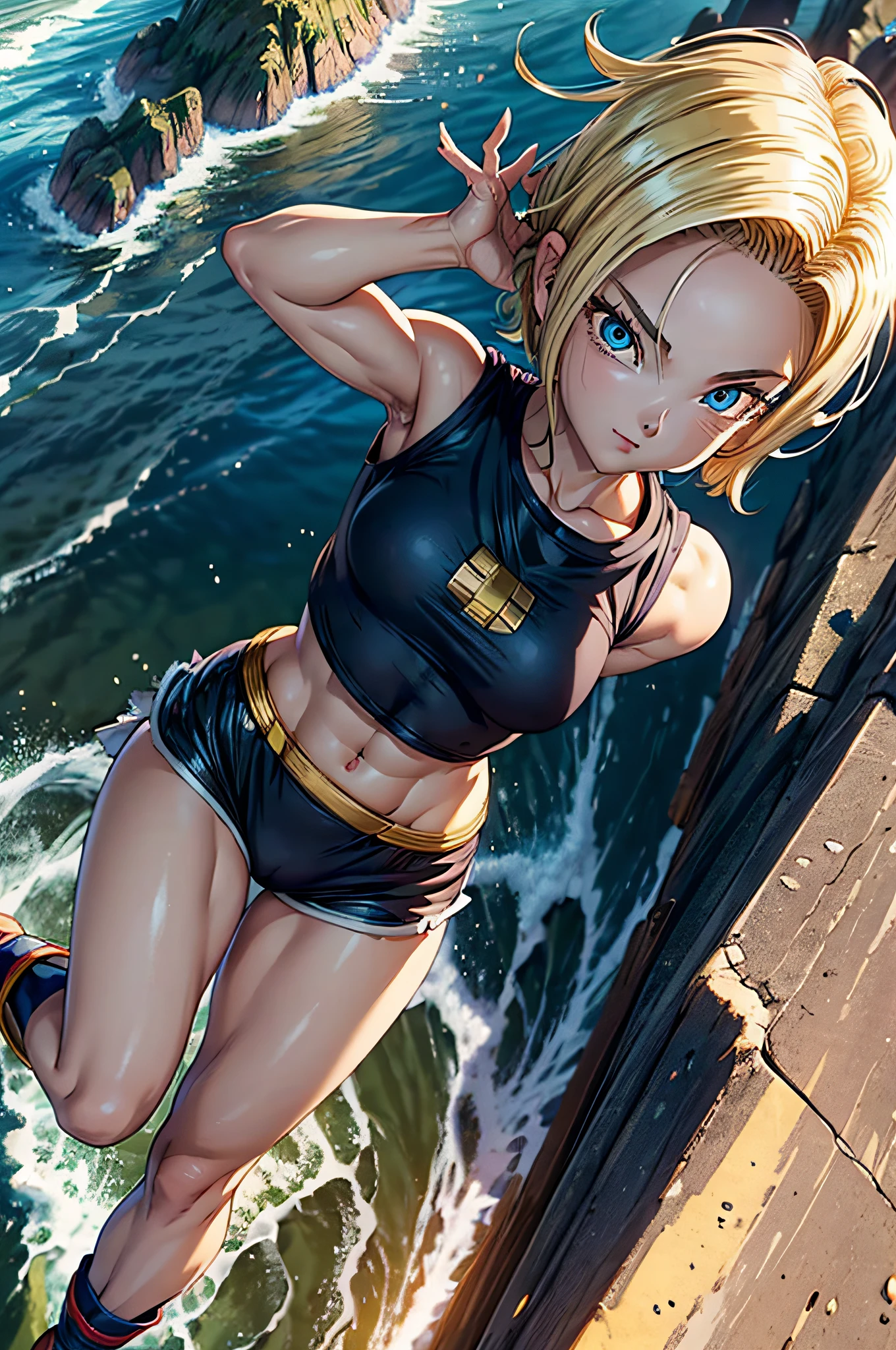 ((1 girl))), detailed eyes, detailed lips, dreamy eyes, long eyelashes, smiling face, expressive eyes, natural beauty, charming human features, genuine smile, intricate eye makeup, radiant eyes, rosy cheeks, delicate lips , blue eyes, medium to large breasts, ( ((muscular legs))), (((wearing tournament of power outfit in dragon ball super))), Muscular belly, barefoot, standing, on the beach, hot sun, ( full body photo), Android 18 from Dragon Ball Super, (((shoulder-length short hair))),length, eye reflection, blonde hair, high detail, anime, minimalism, anime style, chiaroscuro, glow, jpeg artifacts, bright light, divine rays, ray tracing, reflection light, backlight, Sony FE, panorama, UHD, UHD, masterpiece, accurate, anatomically correct, textured skin, superdetails, high quality, high resolution, 16k, small heart shaped tattoo on chest