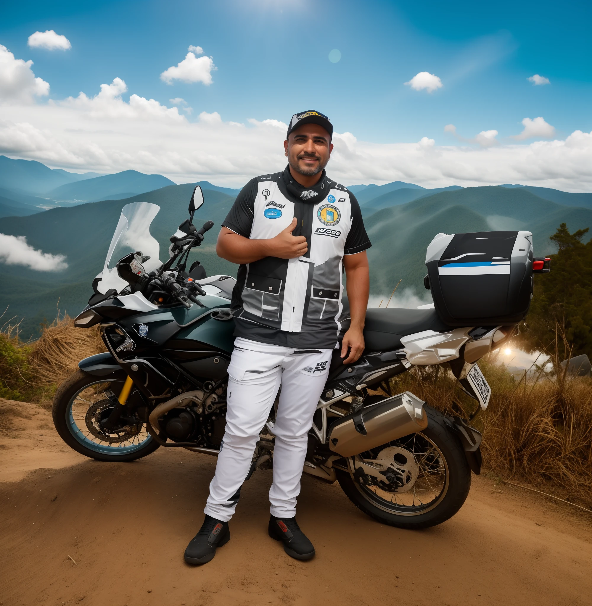 Homem de Arafed parado ao lado de uma motocicleta em uma estrada de montanha, com montanhas ao fundo, touring, com montanhas no fundo, com montanhas como pano de fundo, 2 0 1 9, 2019, imagem de um motociclista masculino, album photo, colombiano, vencedor do concurso 2021, muito feliz!, Montanhas ao fundo, Upload de alta qualidade