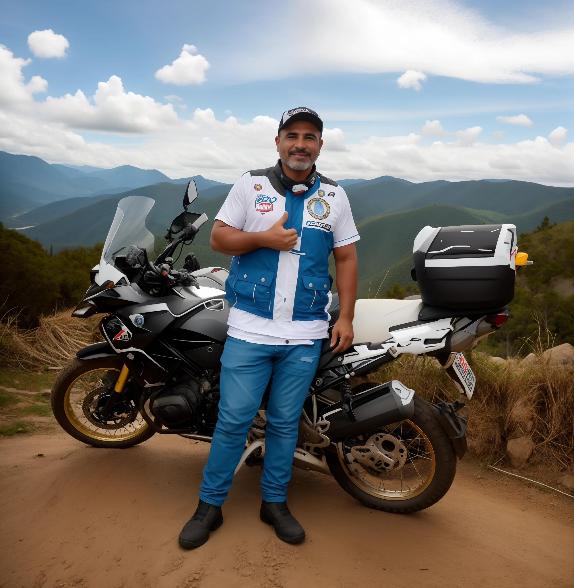 Homem de Arafed parado ao lado de uma motocicleta em uma estrada de montanha, com montanhas ao fundo, touring, com montanhas no fundo, com montanhas como pano de fundo, 2 0 1 9, 2019, imagem de um motociclista masculino, album photo, colombiano, vencedor do concurso 2021, muito feliz!, Montanhas ao fundo, Upload de alta qualidade