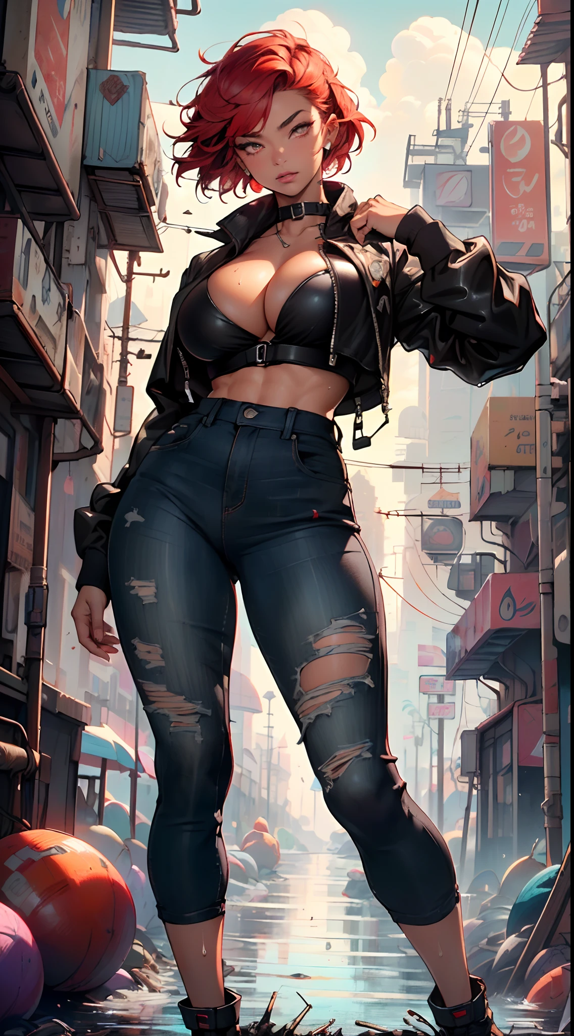 mechanical girl,(1girl:1.3),((1 black girl with extremely cute and beautiful red hair)),((((black race)))),

(big breasts: 1.4),sagging breasts,(((short red hair: 1.35,cropped,redhead,very short hair))),((heterochromia:1.5, (orange_eye and red_eye))),intricate eyes,beautiful detailed eyes,symmetrical eyes,(fat),((((tan,dark skin,black skin:1.35,dark-skinned_female,dark skin:1.3,ebony skin,lustrous skin:1.5,bright skin: 1.5,shiny skin,very shiny skin,shiny body,illuminated skin,wet legs)))),(spider lower abdomen,narrow waist,wide hip ,athletic body,inflated legs,detailed body,(detailed face)),((muscle legs)),((muscular thighs)),((muscular girl)),((strong and muscular,bodybuilder,strong body,muscular,feminine and muscular)),((ABS)),(huge stature,tall stature,very tall girl),

cute,slutty,sensual,seductive look,seductive,erotic,((nsfw)),

(fitted overalls:1.3,suit unbuttoned),((mechanical tools on his clothing,cyberpunk clothes)),(((huge cleavage))),((wet clothes,intricate outfit,intricate clothes)),

(dynamic pose:1.0),embarrassed,(centered,scale to fit dimensions,Rule of thirds),

cyberpunk city by the ocean at night, with bright neon signs and dark stormy clouds and puddles, scenery:1.25,

artistic photography,(photography taken by sldr),highres, sharp focus, (ultra detailed, extremely detailed), (photorealistic artwork:1.37),(extremely detailed CG unity 8k wallpaper),((synthwave background theme)),(((vibrant colors))),(intricate background),(masterpiece),(best quality),