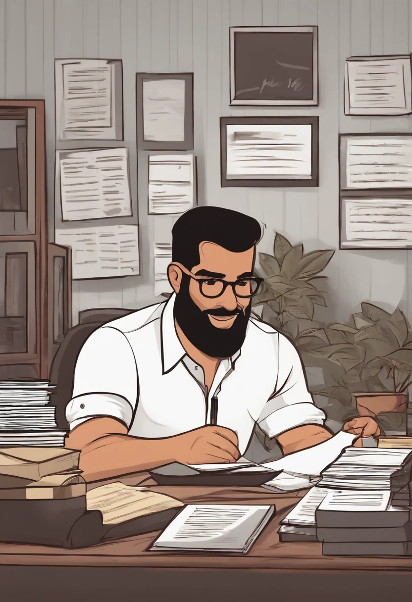 Crie um personagem estilo Disney PIXAR, de um homem com barba muito curta, cabelo careca raspado, camisa preta, imagem profissional, of an accountant working in his office using a notebook with papers and pens on the desk, with pictures on the walls and with cabinets . Estilo Disney Pixar.