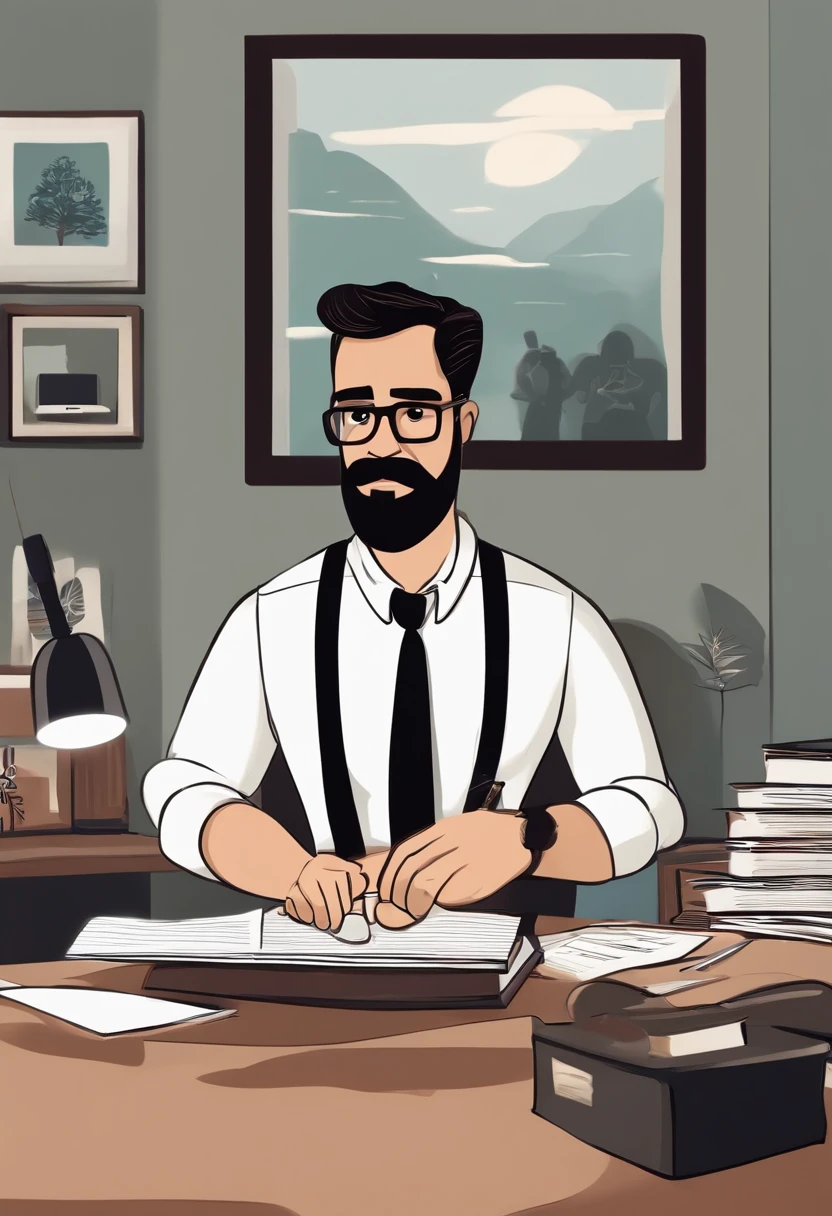 Crie um personagem estilo Disney PIXAR, de um homem com barba muito curta, cabelo careca raspado, camisa preta, imagem profissional, of an accountant working in his office using a notebook with papers and pens on the desk, with pictures on the walls and with cabinets . Estilo Disney Pixar.