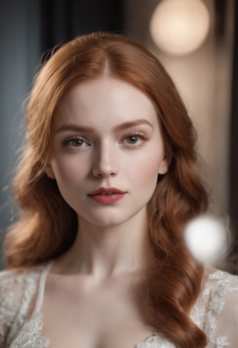 ginger woman dressed a white dress posing for a photo in dark studio, natural make-up, normal body, 18 years old, big boobs, loking the photo, sensual pose, Curled hair, ultra detailed, masterpiece, red lips,