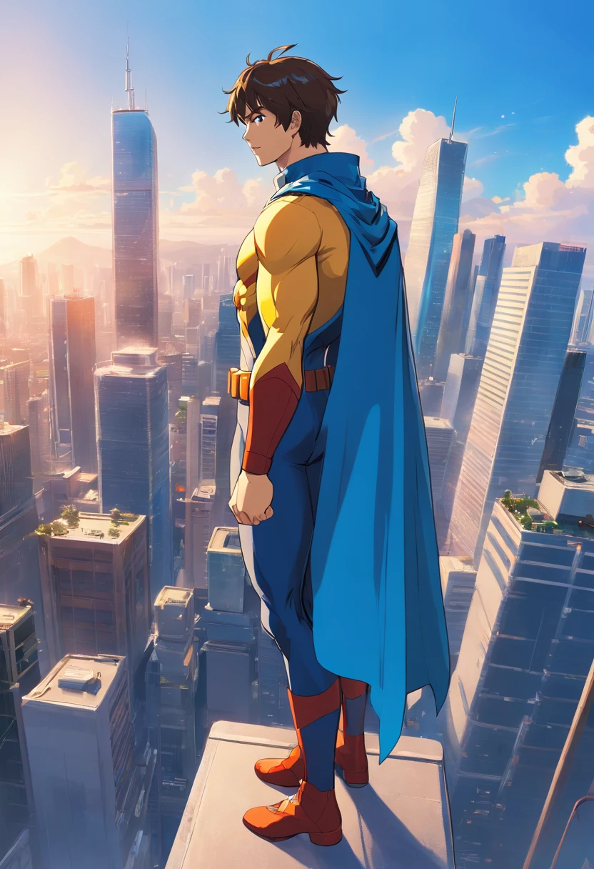 A male superhero standing, olhando para a frente. Ele usa uma roupa azul justa com uma letra C amarela no peito. He also wears a blue cape that floats behind him. Ele tem cabelos pretos curtos e olhos azuis. The background of the image is a modern city, with skyscrapers and other tall buildings. The sky is blue and there's bright sunshine. The superhero is standing on a roof, Olhando para a cidade. He has a determined expression on his face. The style of the image is inspired by Stan Lee's comics. The characters are iconic, And the narrative is engaging.