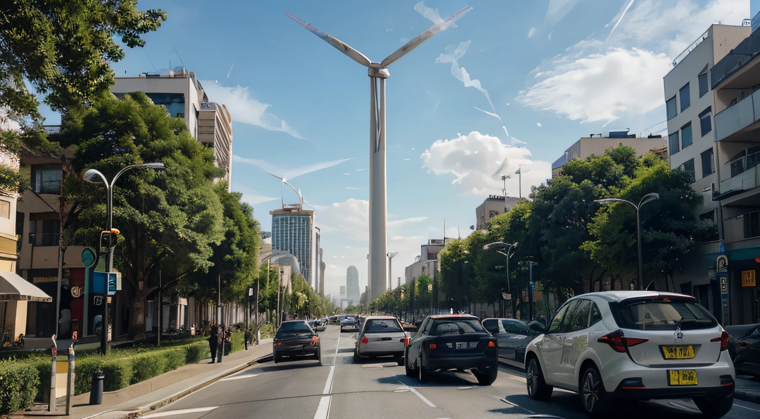 Create an image that portrays a sustainable future as a utopian dream, where the harmony between technology and nature is visibly magnificent. Here are the key elements to convey this utopian vision:

futuristic backdrop:

A futuristic cityscape with built-in eco-friendly architecture, Featuring buildings covered by vertical gardens and green roofs.
Renewable energy evident, such as solar panels and wind turbines, Seamlessly integrated into the urban aesthetic.
Natureza em Sintonia:

Green areas interspersed organically between the buildings, representing urban parks and preserved natural spaces.
Tall Trees and Urban Forests, providing shade and vitality to the landscape.
Sustainable Means of Transport:

Electric Vehicles and Efficient Public Transportation, No polluting emissions, circulando pelas ruas.
Bike lanes and pedestrians sharing space with vehicles, promoting sustainable modes of transport.
energy efficient:

Smart buildings that automatically adjust lighting and temperature based on environmental conditions, Highlighting energy efficiency.
Ruas iluminadas por fontes de luz alimentadas por energia solar, Reducing dependence on non-renewable sources.
Symbols of Sustainability:

Visual icons depicting innovative technologies, such as devices for carbon capture and advanced recycling processes.
Clean air and water quality indicators, Symbolizing commitment to a healthy environment.
The image should convey a sense of beauty, Balance and serenity, showing that it is possible to achieve a future where technology and nature coexist in a sustainable and stunning way. Utilize vibrant colors and captivating aesthetics to create an inspiring vision.