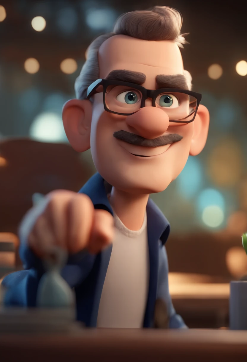 Cartoon character of a man wearing black glasses and a blue shirt, um personagem animado, Caractere estilizado, animation style rendering, 3D estilizado, Arnold Maya render, 3 d render stylized, toon render keyshot, Personagem 3D, Personagem 3D, 3d rendering stylized, 3 d character render, personagem de desenho animado, Personagem de close up, Pose de personagem, (Estilo Pixar) (master part:1.2) (Bokeh) (best quality) (pele detalhada) (textura detalhada) (8k) (argila) (Cinematic lighting) (foco nítido，Senta e vaza a parte superior do corpo