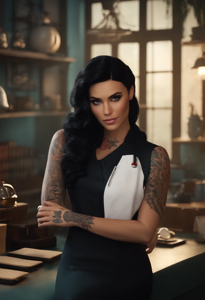 (best quality,Realistic), black hair, long and fluid, cabelo preto elegante, Tattoos on the hands , Avental branco, vet, doctors office, cercado por 4 gatos, Estilo Pixar, cores vibrantes, soft lighting