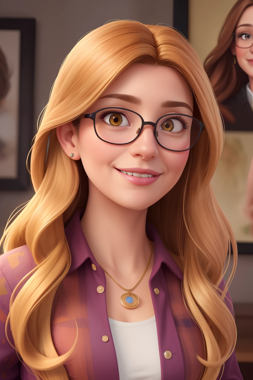 (best quality, highres, realistic:1.37), detailed portrait, oil painting, middle-aged woman, vibrant colors, round face, enchanting smile, long blonde hair, brown eyes, glasses