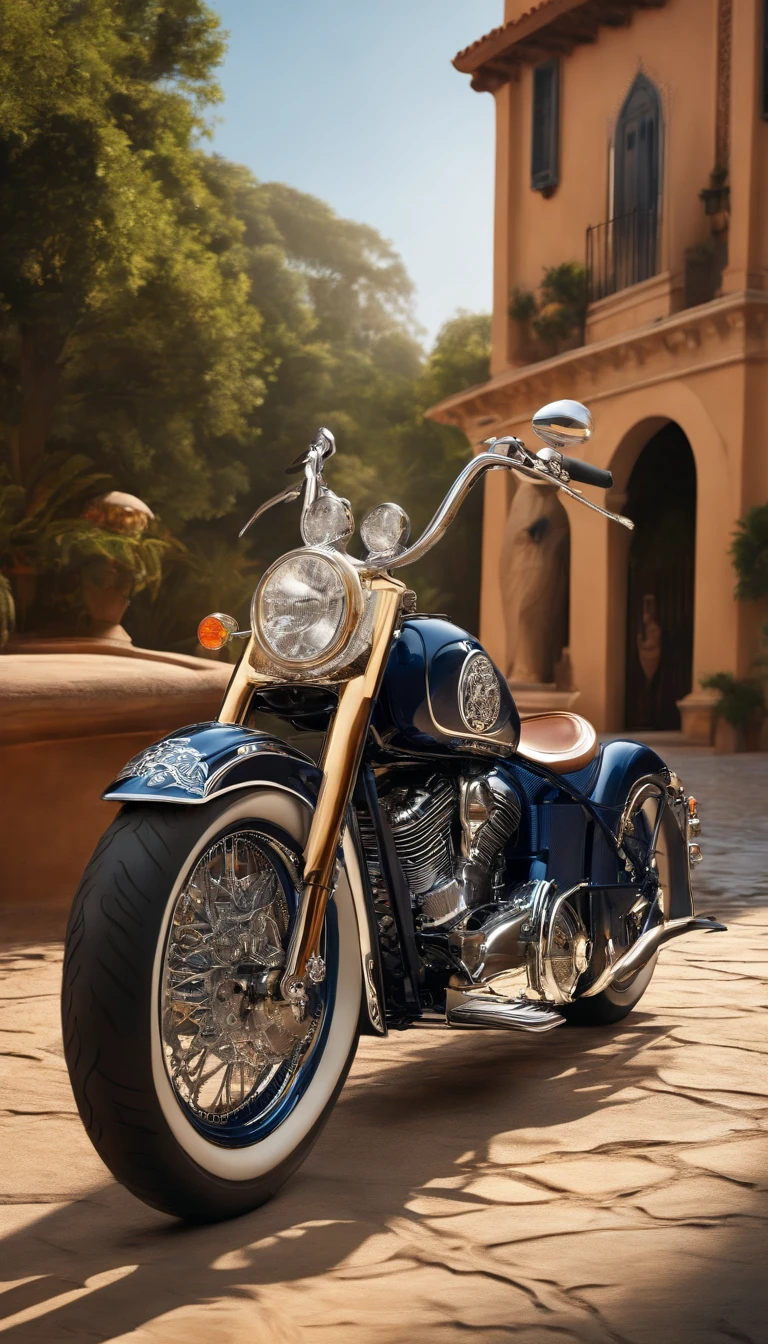 (a unique bike inspired by Indian motorcycles),metallic frame,mirrored finishes,exquisite detailing,ornate embellishments,artistic craftsmanship,vibrant colors,intricate patterns,engraved motifs,ornamental headlight,embroidered leather seat,rustic handlebars,custom exhaust pipes,detailed wheel spokes,authentic badges,sparkling chrome accents,indigo blue bodywork,rich gold accents,ornate mudguards,custom paintwork,handcrafted fuel tank,delicate pinstripes,ethnic-inspired artwork,ornamental bells and tassels,lush tropical backdrop,deep shadows and highlights,ethereal rays of sunlight,romantic ambiance. (best quality, ultra-detailed, photorealistic), mesmerizing composition.