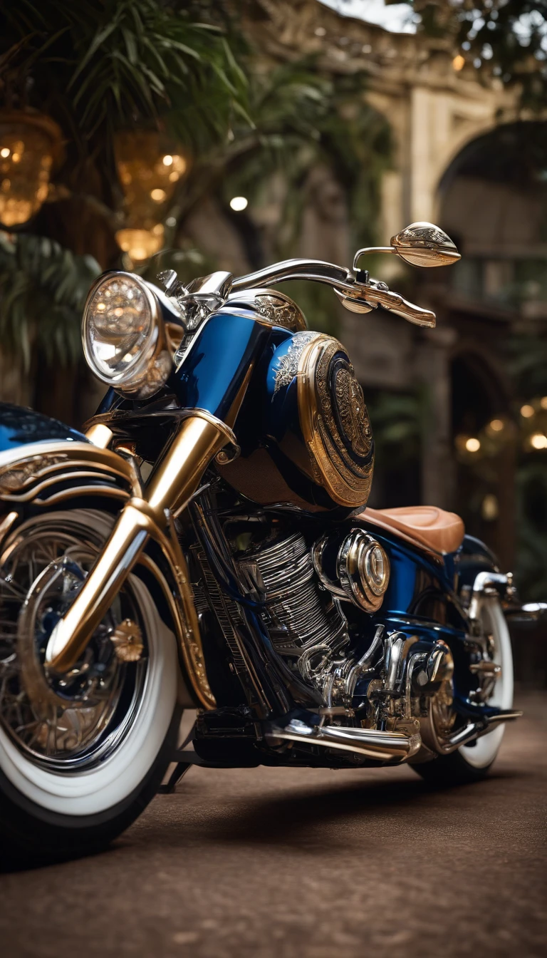 (a unique bike inspired by Indian motorcycles),metallic frame,mirrored finishes,exquisite detailing,ornate embellishments,artistic craftsmanship,vibrant colors,intricate patterns,engraved motifs,ornamental headlight,embroidered leather seat,rustic handlebars,custom exhaust pipes,detailed wheel spokes,authentic badges,sparkling chrome accents,indigo blue bodywork,rich gold accents,ornate mudguards,custom paintwork,handcrafted fuel tank,delicate pinstripes,ethnic-inspired artwork,ornamental bells and tassels,lush tropical backdrop,deep shadows and highlights,ethereal rays of sunlight,romantic ambiance. (best quality, ultra-detailed, photorealistic), mesmerizing composition.